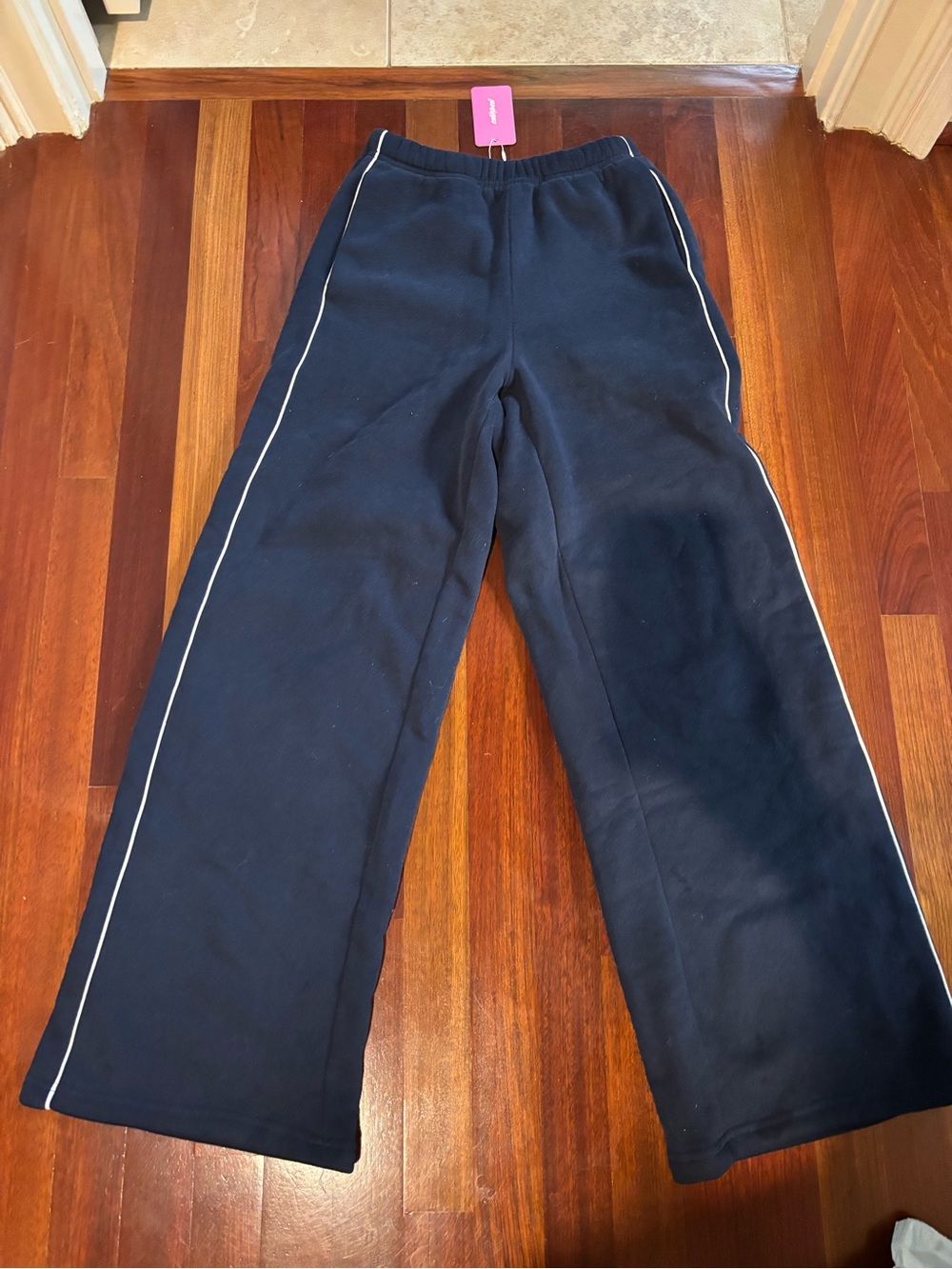 Navy Wide-Leg Joggers with White Side Trim wide leg sweat pants